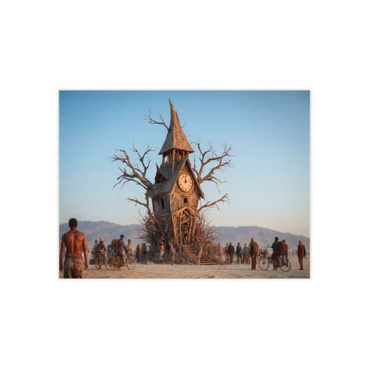 Clock Tower in the Desert Tree Ceramic Photo Tile – Whimsical Timekeeper in a Withered Grove