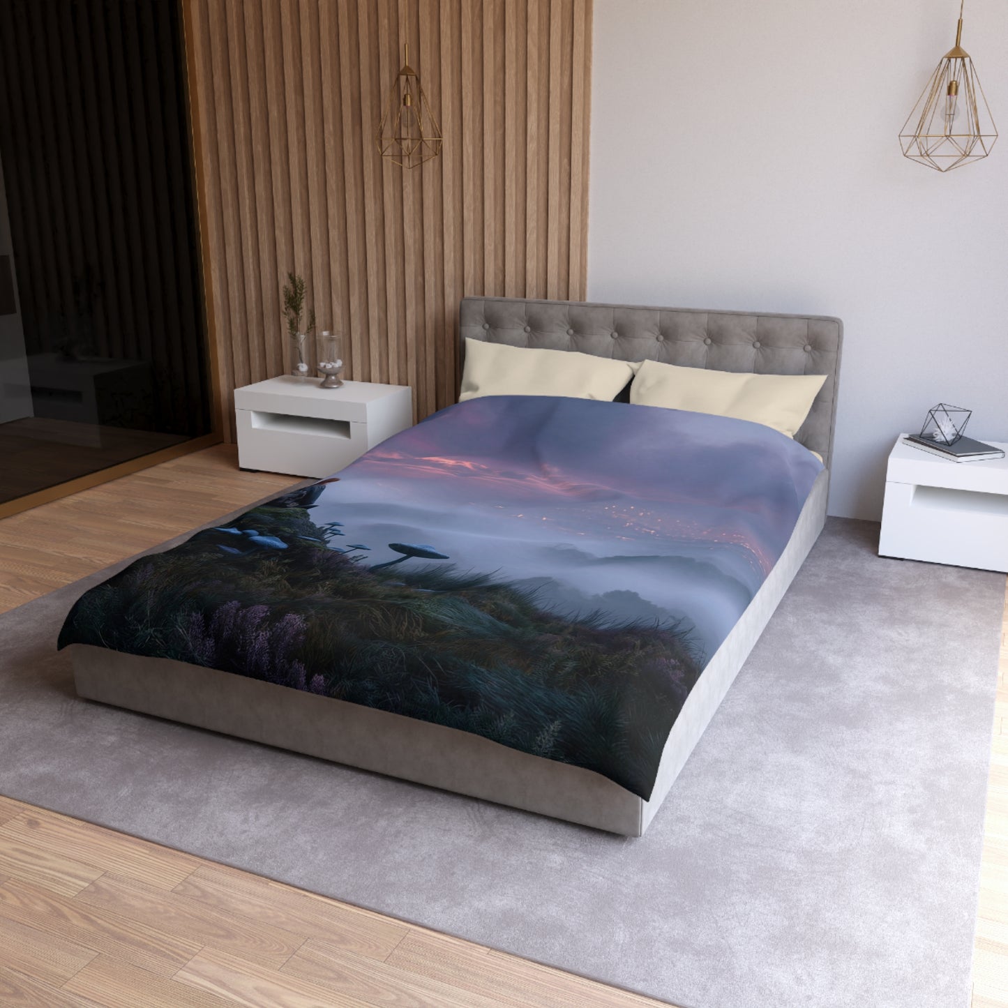 Moonlit Wanderer Microfiber Duvet Cover – Twilight Vista with Bioluminescent Fungi