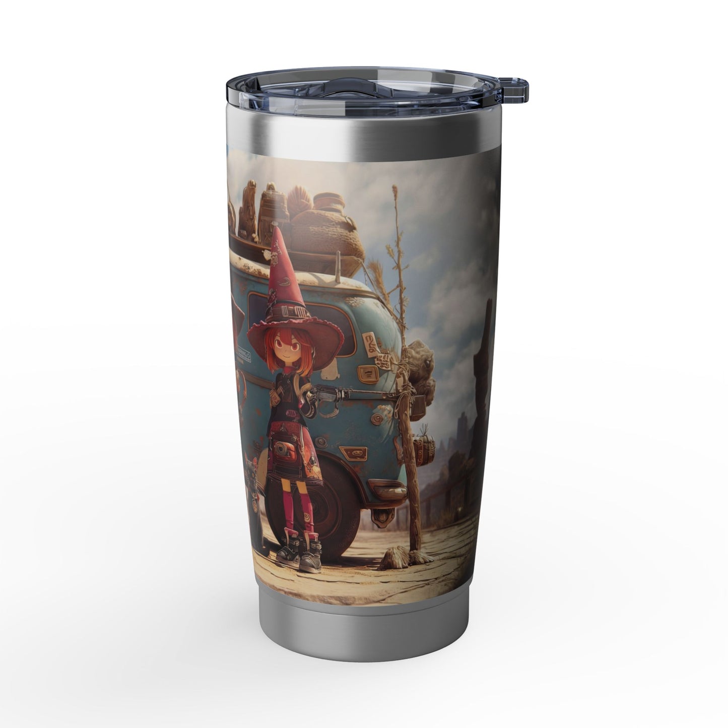 Witch Roadtrip Vagabond 20oz Tumbler – Three Wands & a Cat in Sun-Dappled Dust
