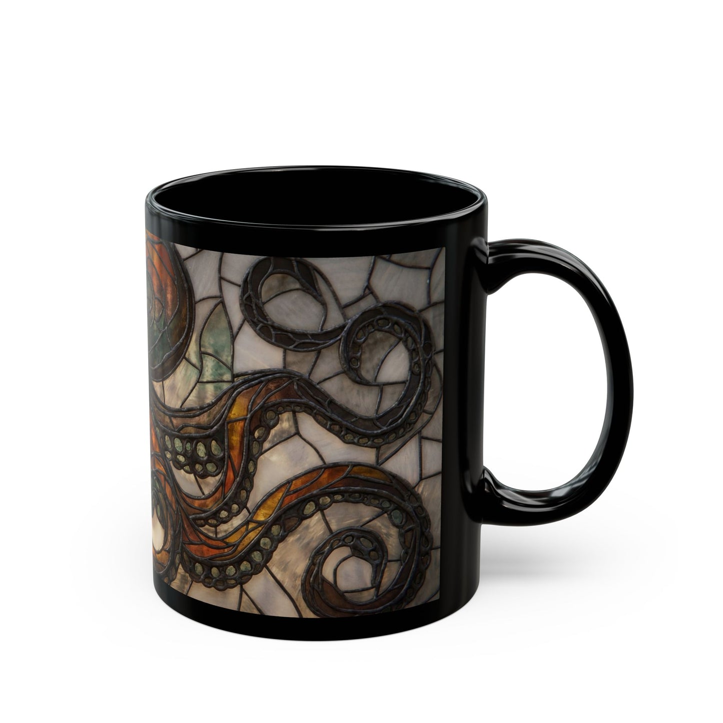 Art Nouveau Octopus Stained Glass Mug – Warm Amber Depths Design