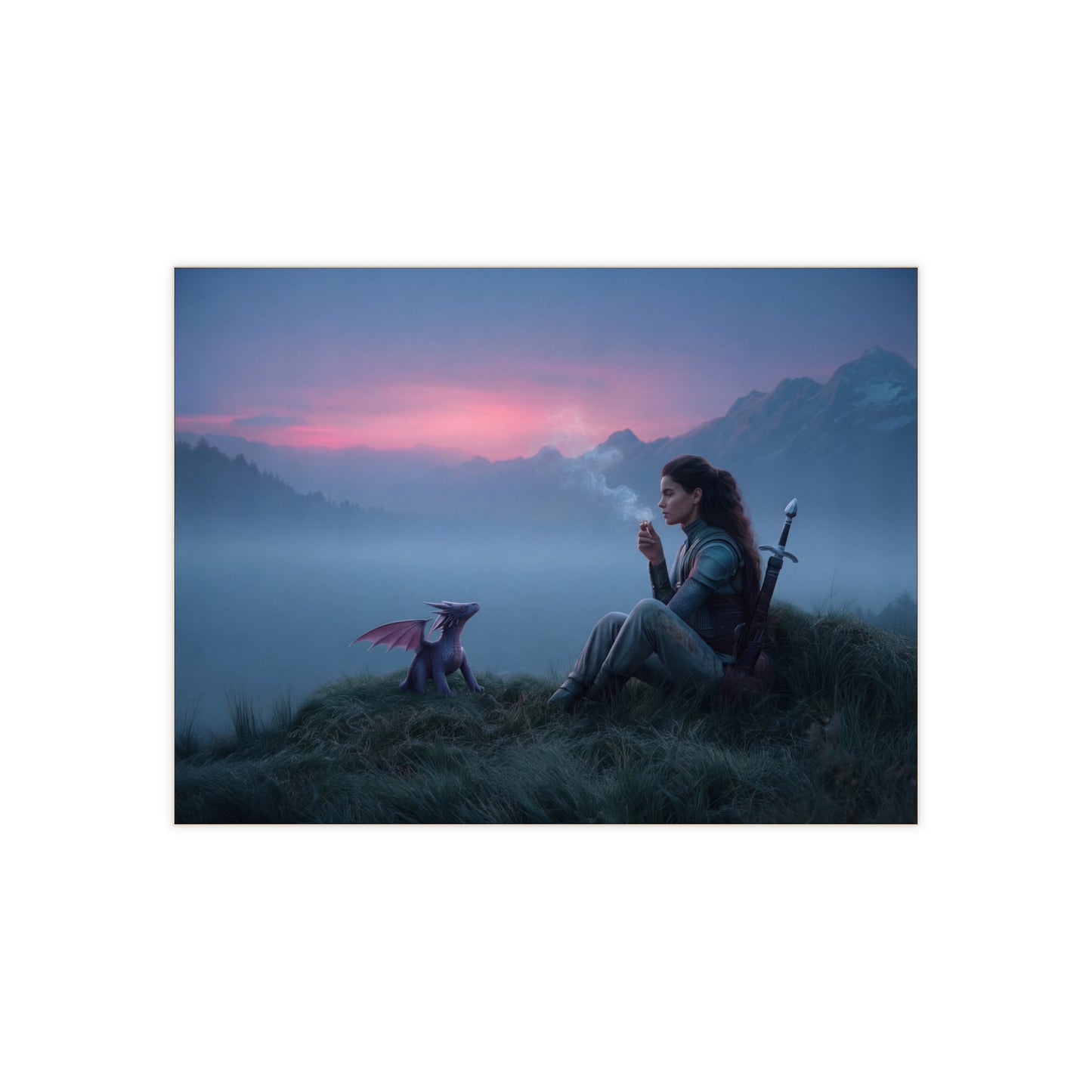Warrior and Dragon Sunset Ceramic Photo Tile – Quiet Moments with a Companion