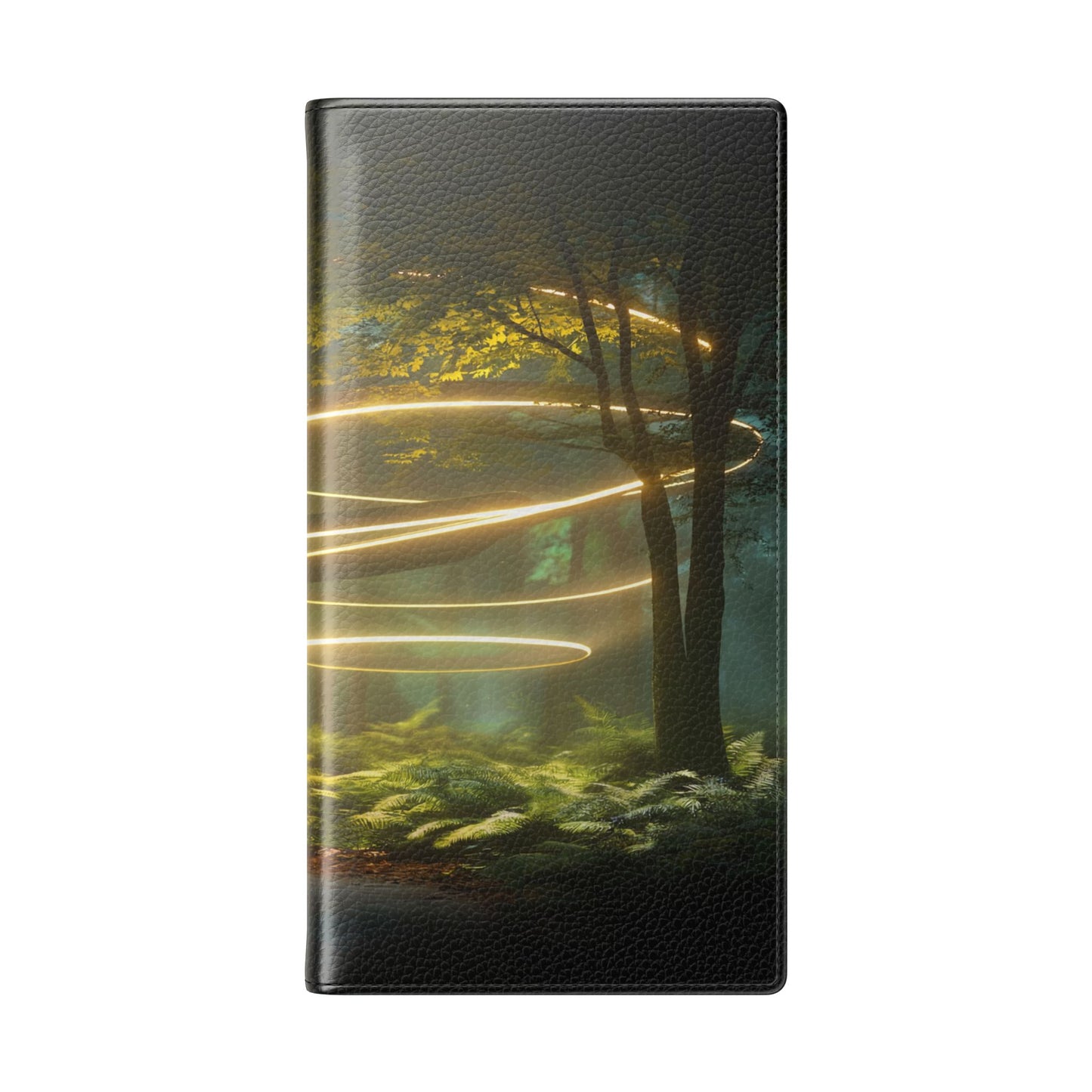 Luminous Spiral Forest Flip Cases – Golden Light Rings Mystery Scene