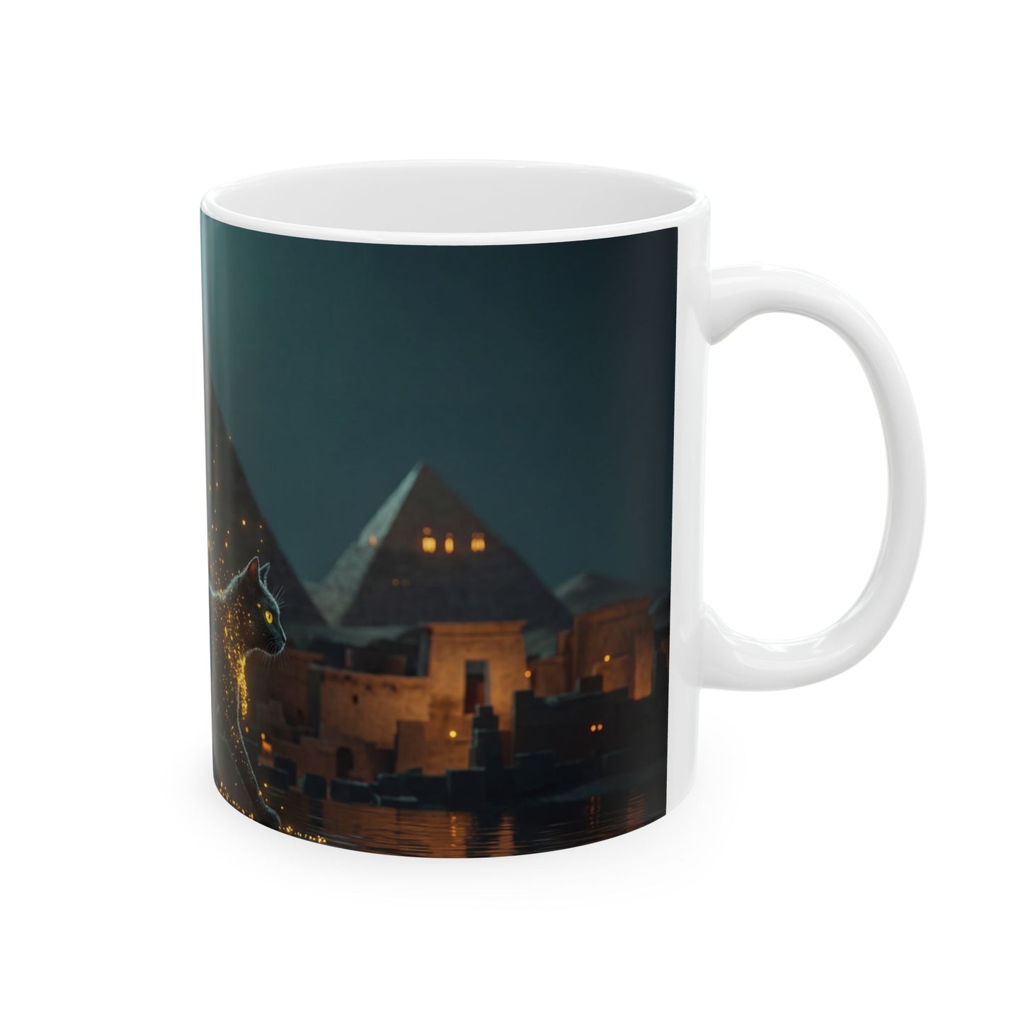 Starlit Cat by Pyramids Ceramic Mug – Midnight Magic Walks the Nile