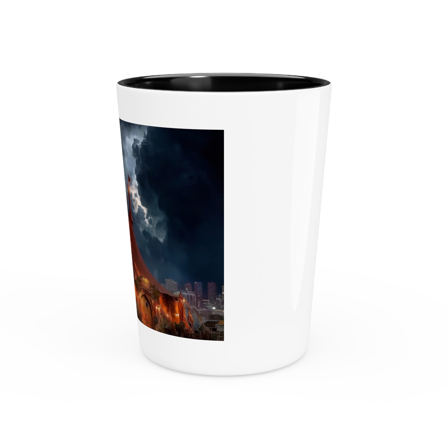 Crimson Circus Tent Shot Glass – Neon Nightscape Under Stormy Skies