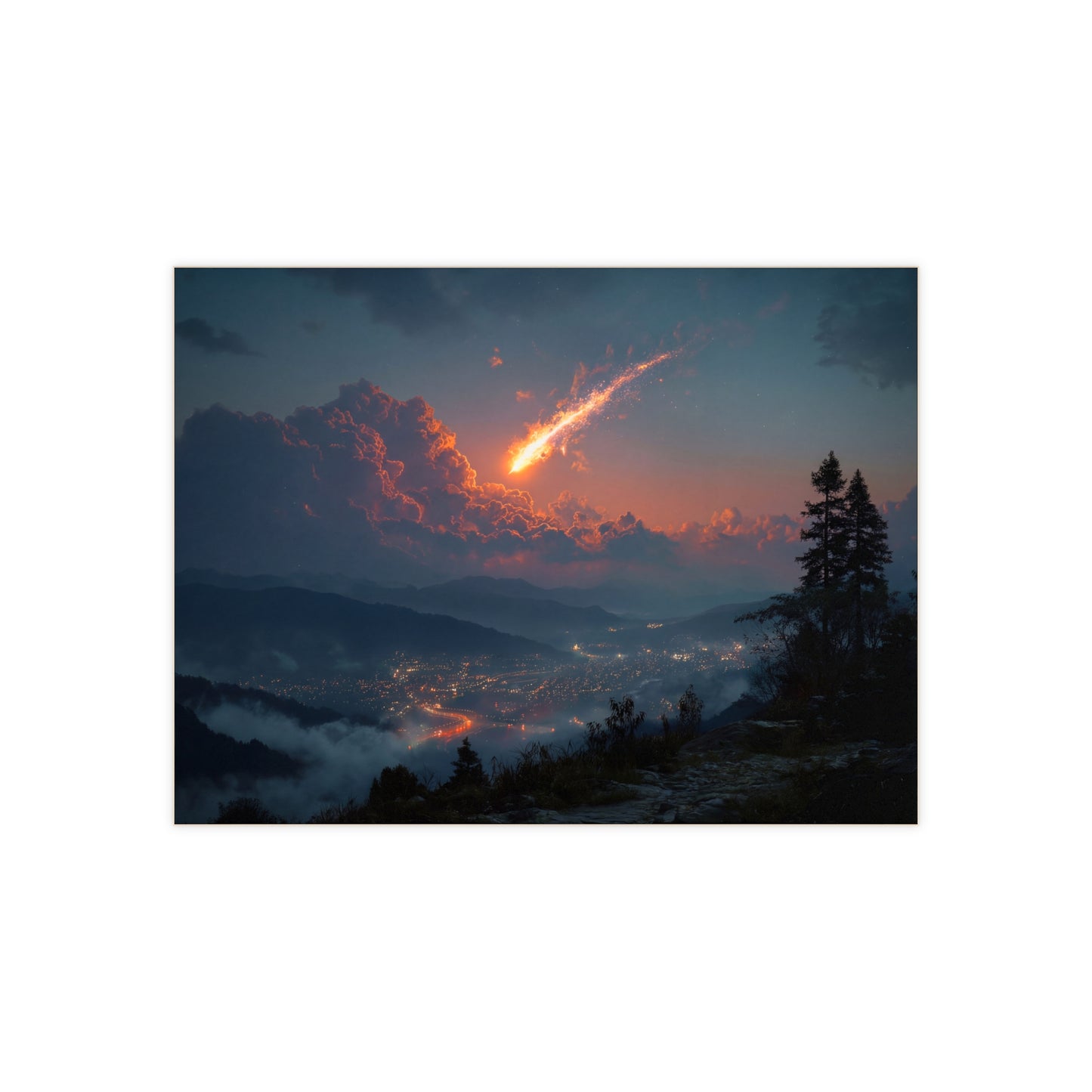 Celestial Fireball Ceramic Photo Tile – Dawn’s Meteor Over Mountain Vale