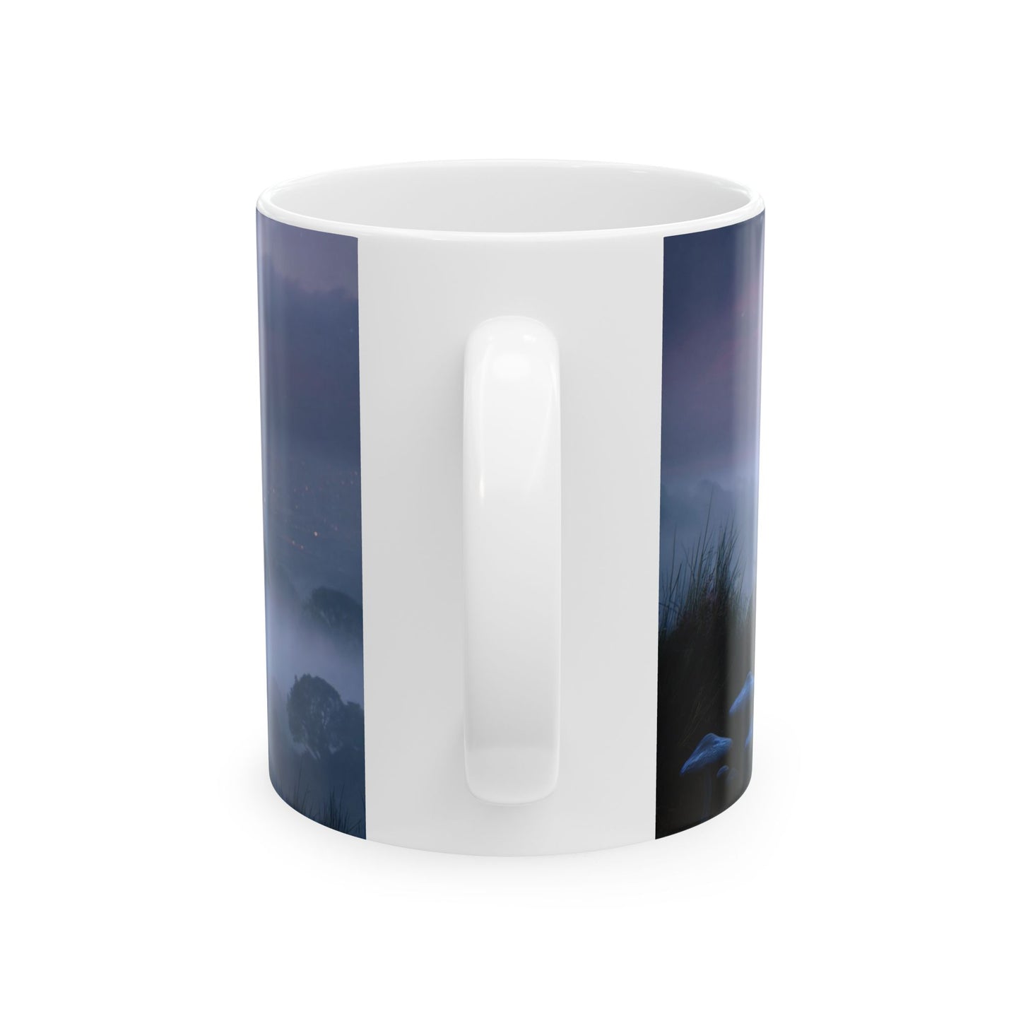 Moonlit Sentinel Ceramic Mug – City Glow Through Fungal Twilight