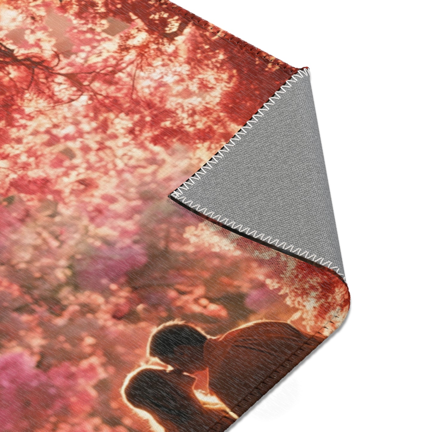 Crimson Canopy Love Rug – Sunset Embrace Under Whispering Trees