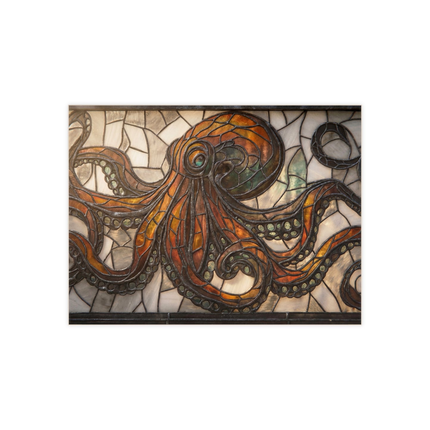 Stained Glass Octopus Ceramic Photo Tile – Amber Depths & Antique Lead
