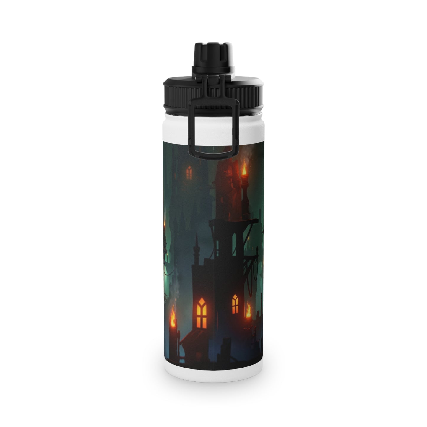 Floating City at Dusk Stainless Steel Water Bottle, Sports Lid – Amber Lanterns Over Misty Skyline
