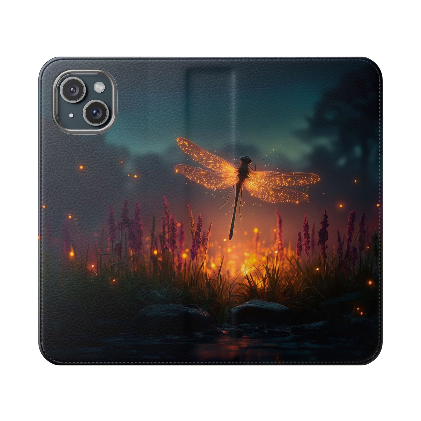 Bioluminescent Dragonfly Flip Cases – Glowing Amber Wings Over Twilight Marsh