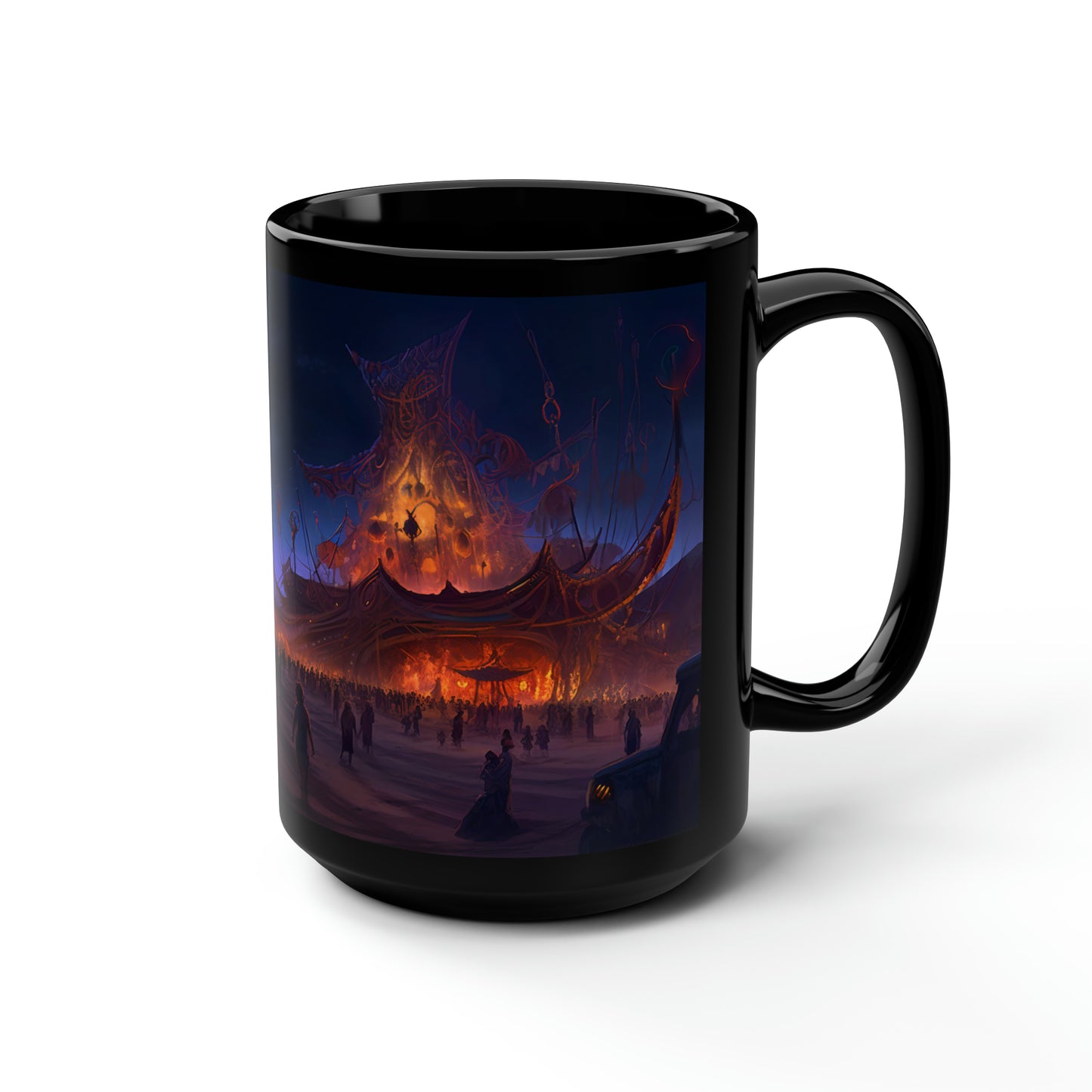 Digital painting of an awe-inspiring night scene at Burning Man, showcasing epic and intricate art installations -  Mug, Black