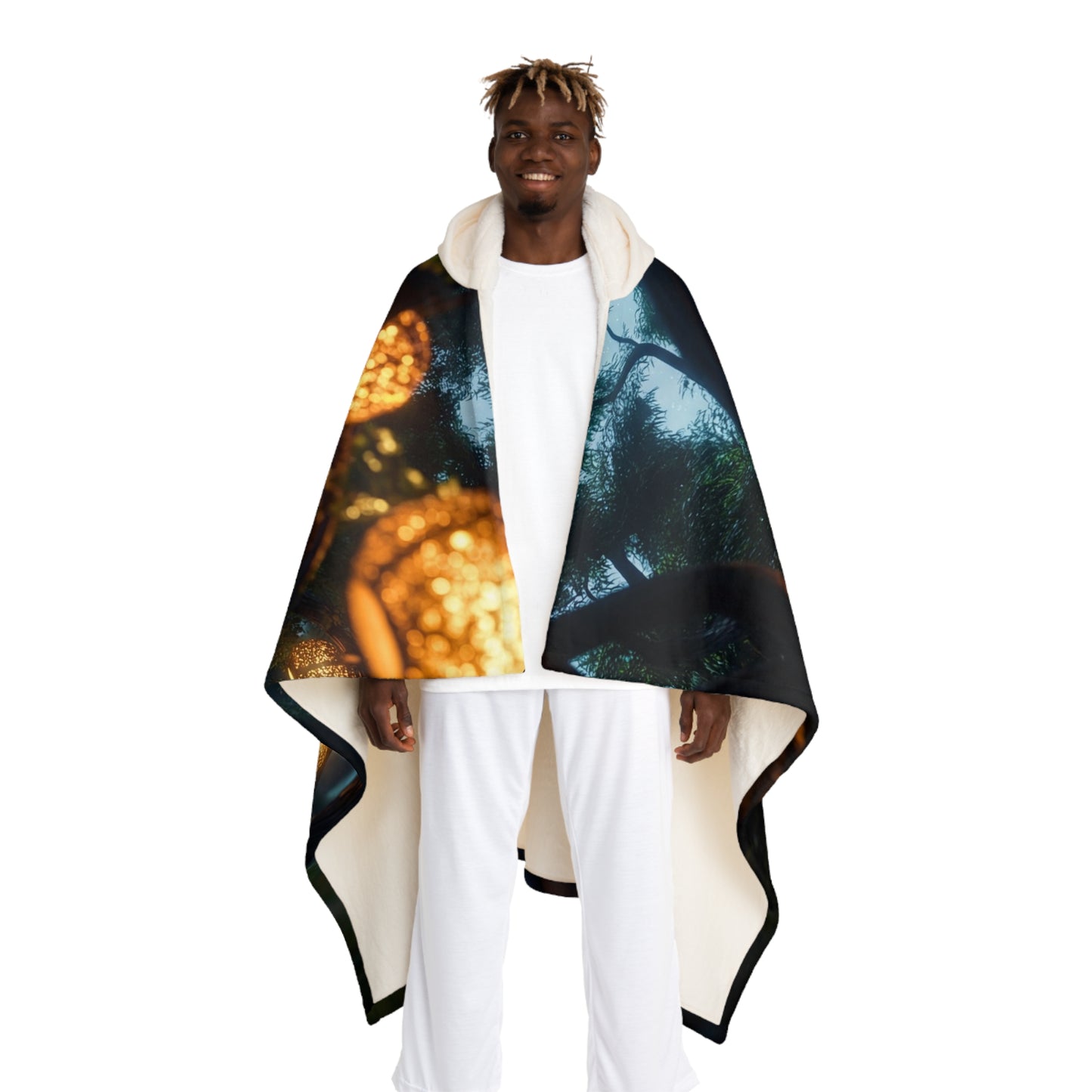Luminous Forest Path Hooded Sherpa Fleece Blanket – Golden Lanterns Through Whispering Trees