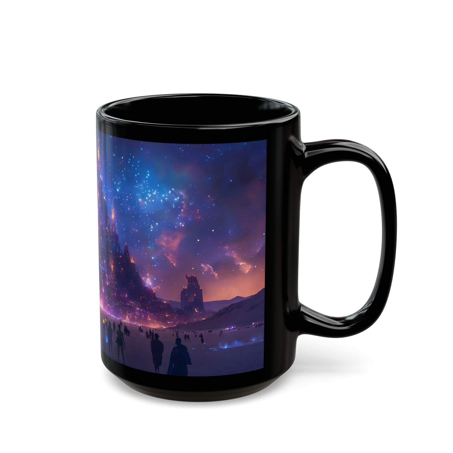 Cosmic Spire Black Mug – Night Sky Citadel Dreamscape