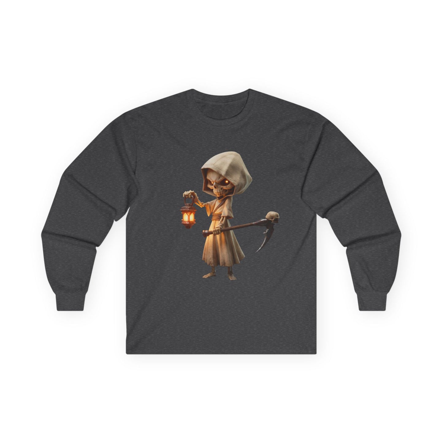 Lantern-Bearing Grim Reaper Tee – Hooded Skeleton Guardian Print