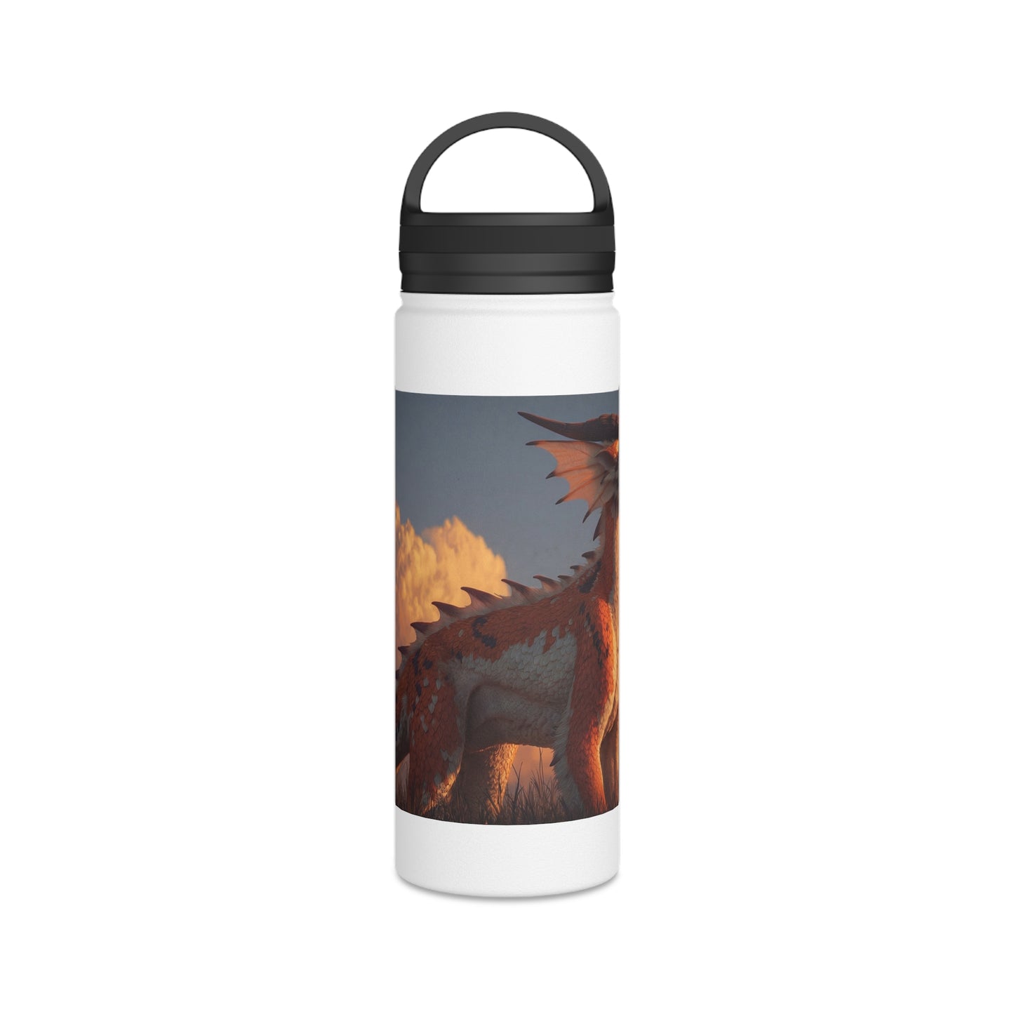 Sunset Guardian Dragon Stainless Steel Water Bottle, Handle Lid – Amber Sky Companion