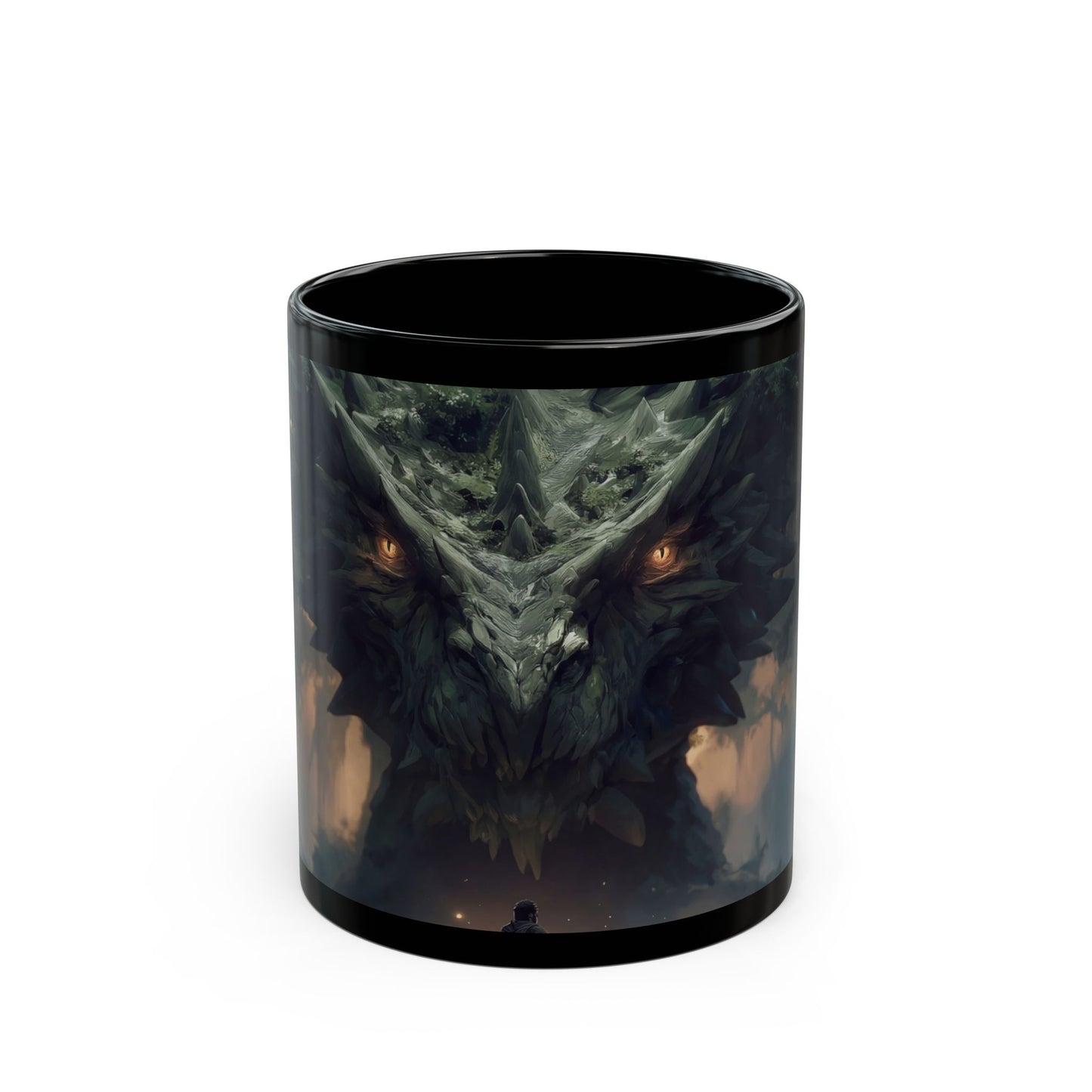 Ancient Dragon Guardian Black Mug – Forest Cathedral at Dusk
