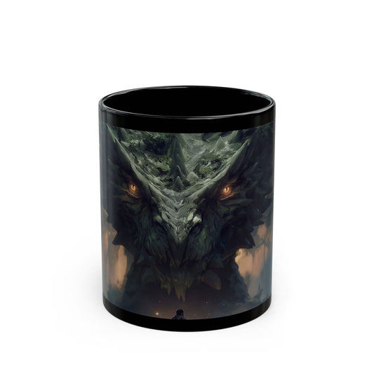 Ancient Dragon Guardian Black Mug – Forest Cathedral at Dusk