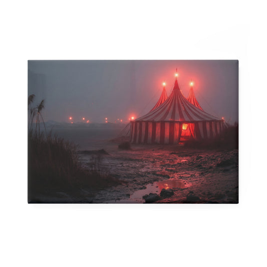 Midnight Circus Tent Button Magnet, Rectangle (1 & 10 pcs) – Glowing Red Haven on the Foggy Shore