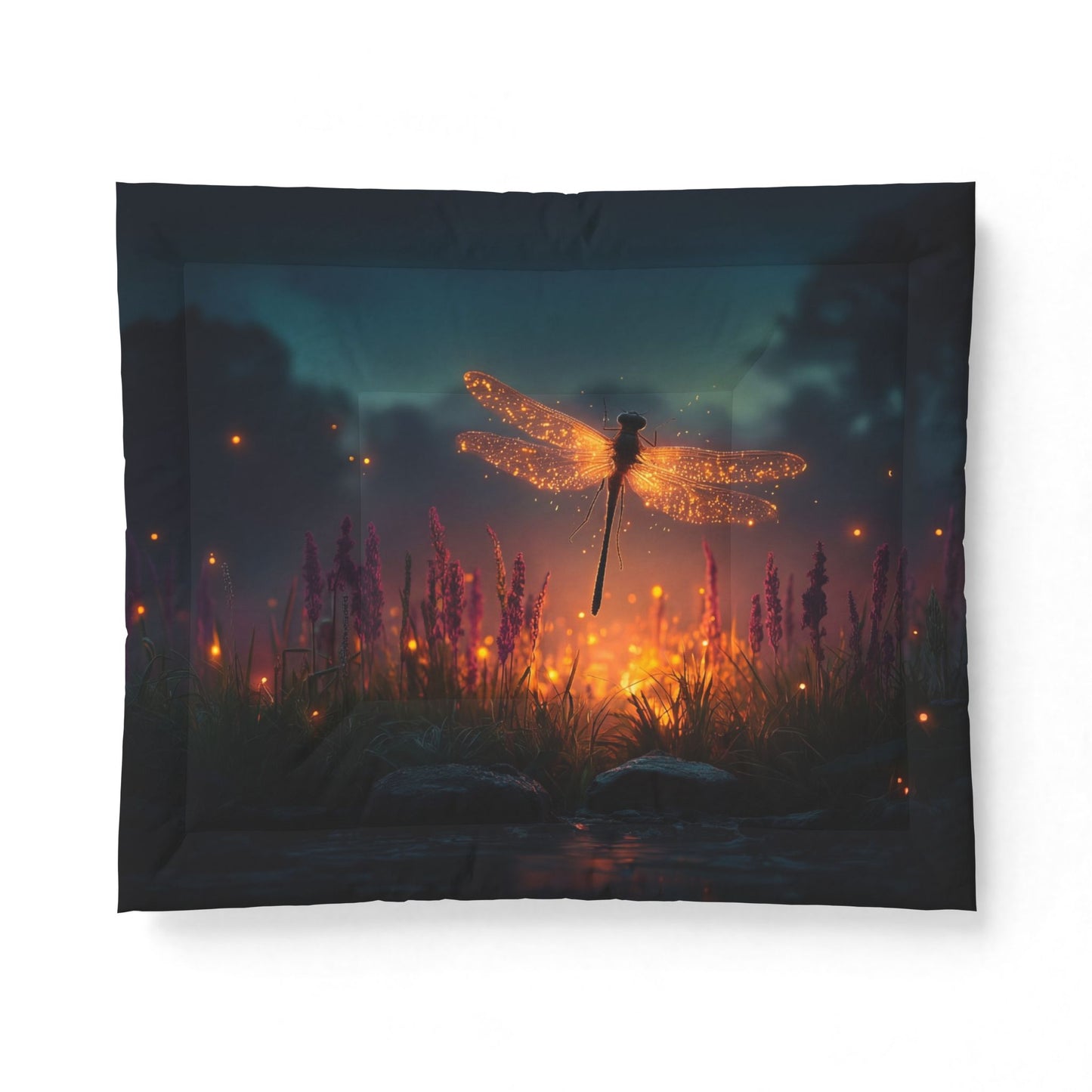 Glowwing Dragonfly Cotton Comforter – Bioluminescent Meadow Nightscape