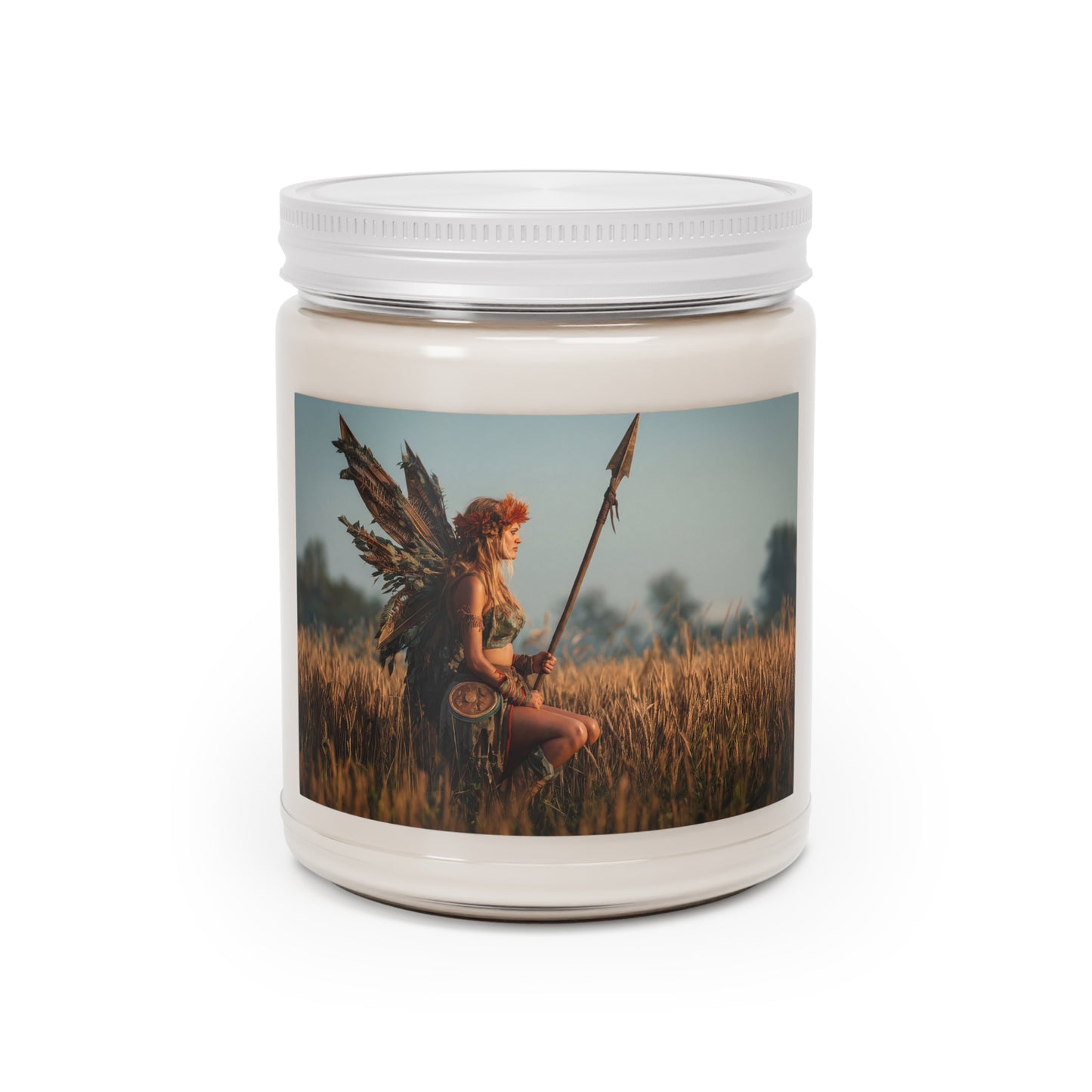 Warrior Fairy in Wheat Field Scented Soy Candles with White Lid, 9oz – Golden Hour Guardian
