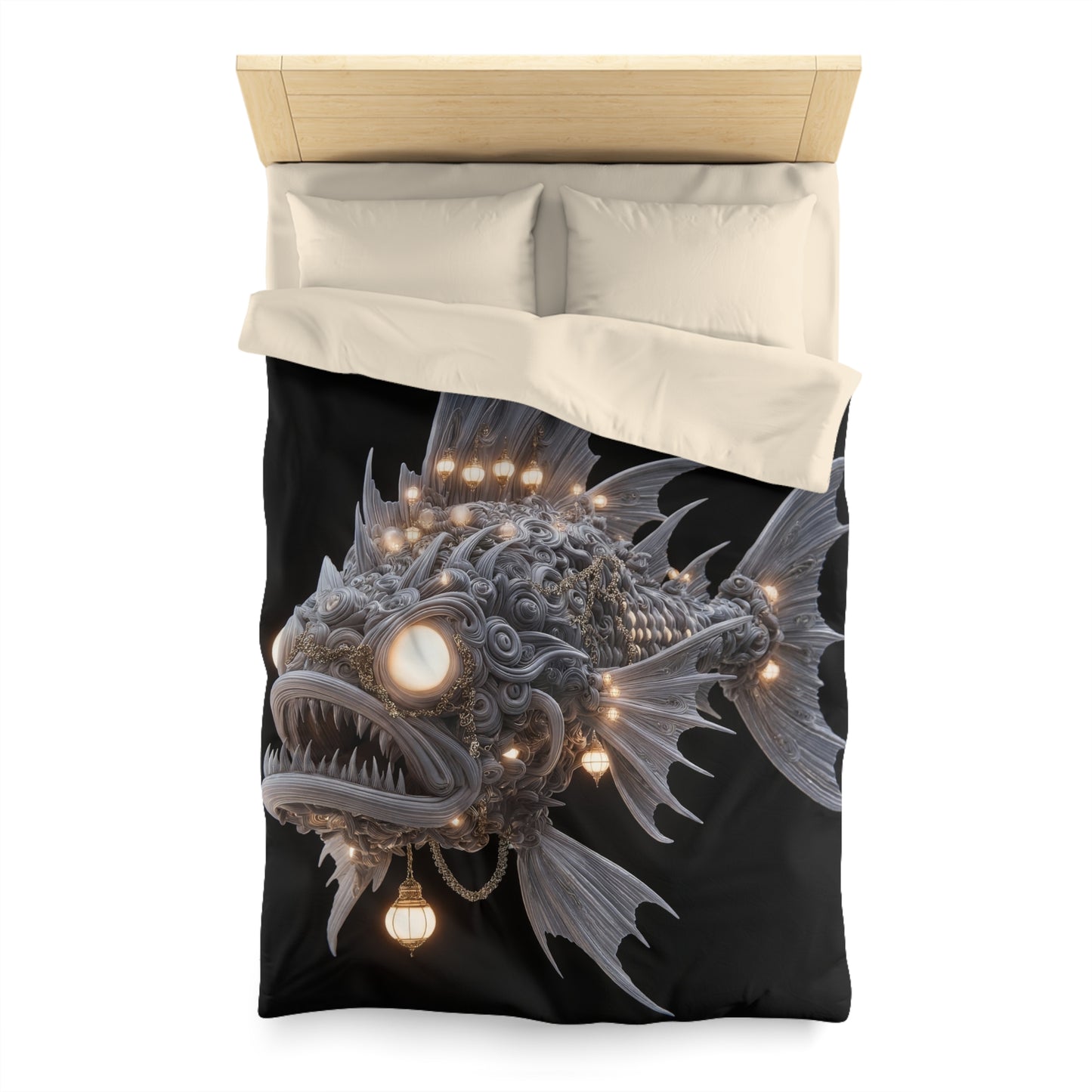 Lantern-Filled Deep-Sea Sentinel Microfiber Duvet Cover – Bioluminescent Abyss Dreamscape