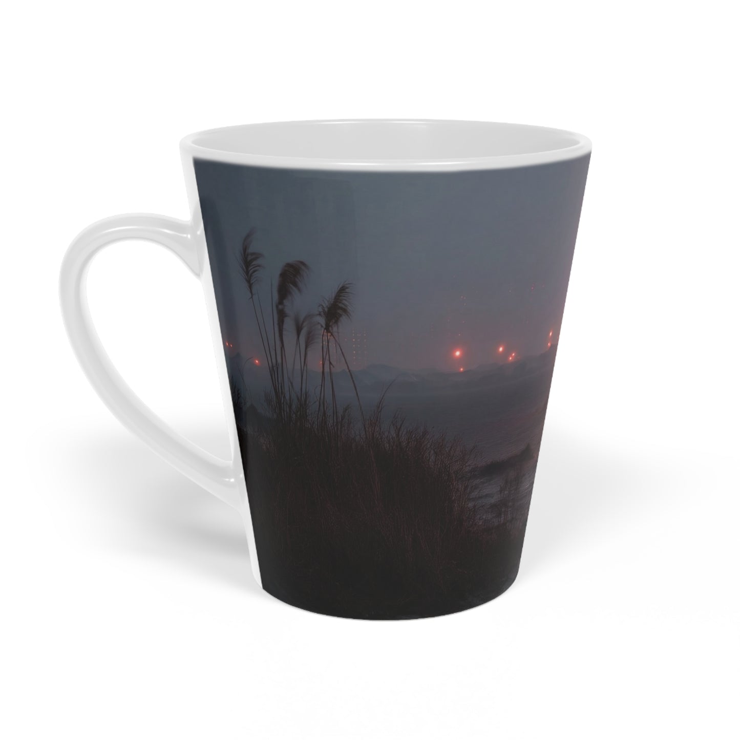 Crimson Circus Tent Latte Mug, 12oz – Midnight Revelry on the Shore