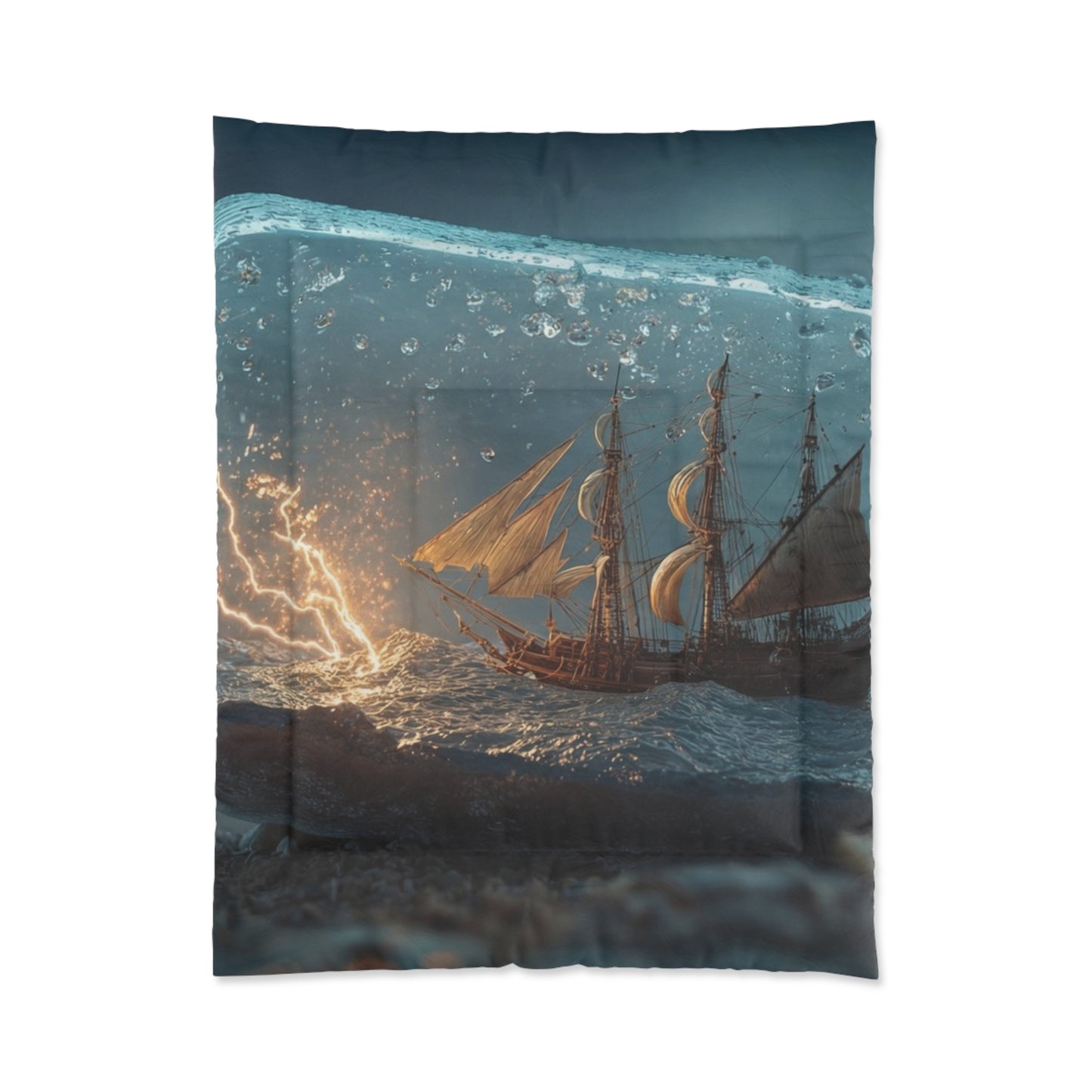 Storm-Sailed Ship in Bottle Comforter – Pocketed Seascape Sanctuary