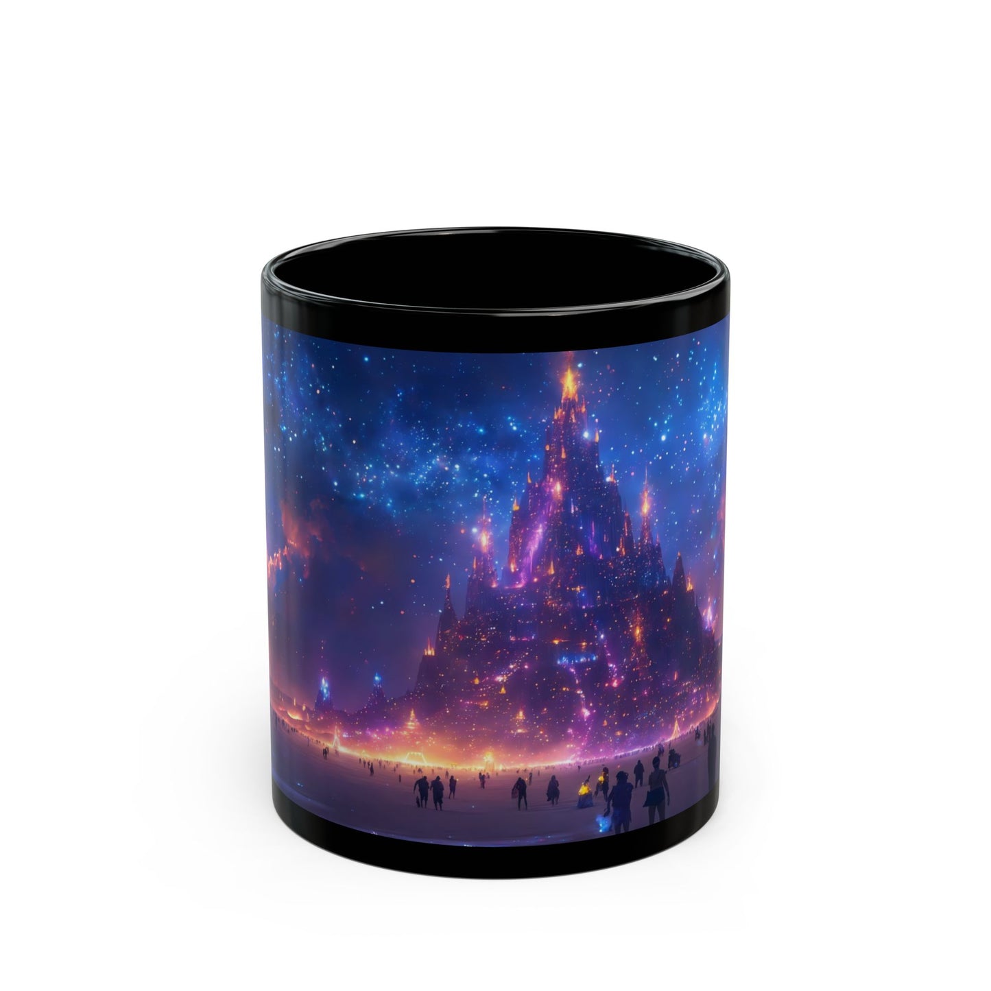 Cosmic Spire Black Mug – Night Sky Citadel Dreamscape