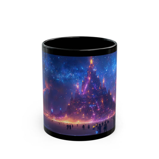 Cosmic Spire Black Mug – Night Sky Citadel Dreamscape