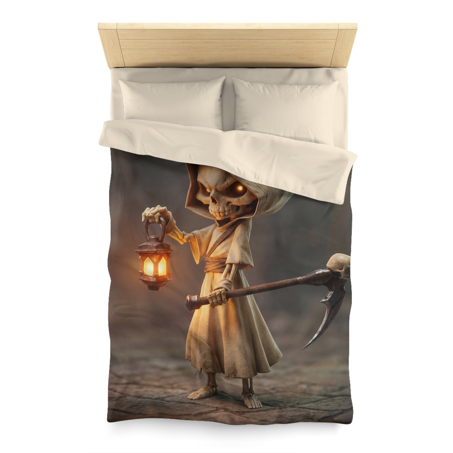 Lantern-Bearing Reaper Microfiber Duvet Cover – Warm Glow Through Twilight Shadows