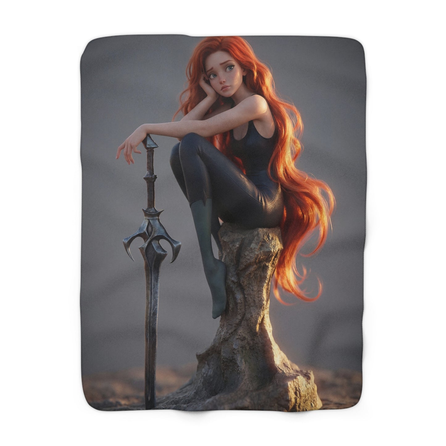 Red-Haired Sentinel Sherpa Fleece Blanket – Sunset Vigil on the Stone