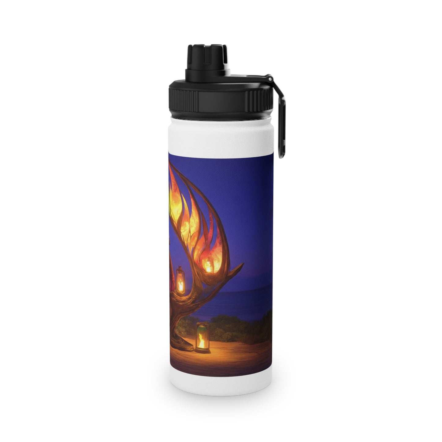 Luminous Phoenix Arch Water Bottle – Twilight Sanctuary with Hanging Lanterns