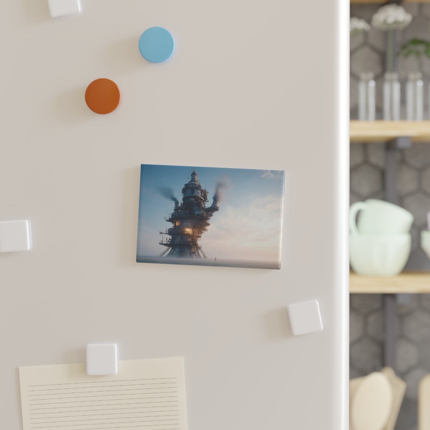 Steamborne Tower Button Magnet, Rectangle (1 & 10 pcs) – Dawn’s Warm Glow Through Iron Skies