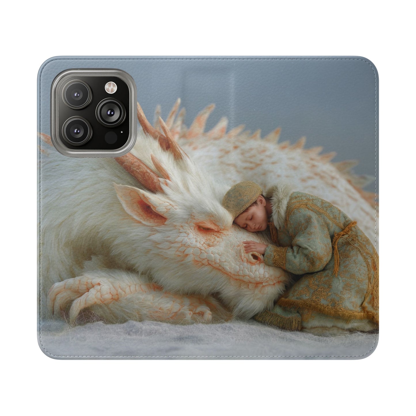 Sleeping Child and Dragon Flip Cases – Snowy Guardian Embrace