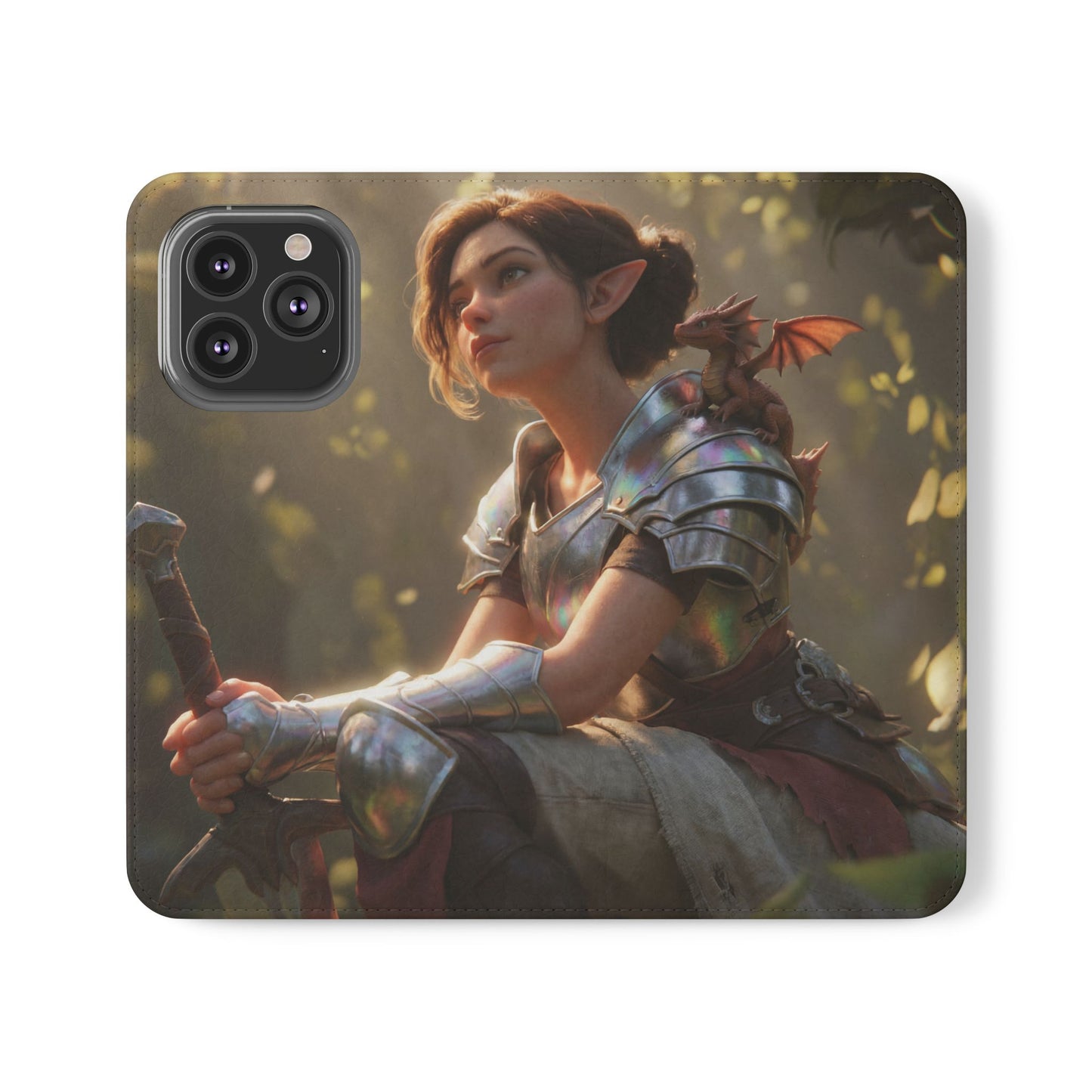 Elven Knight with Dragon Flip Cases – Iridescent Armor & Tiny Guardian Portrait