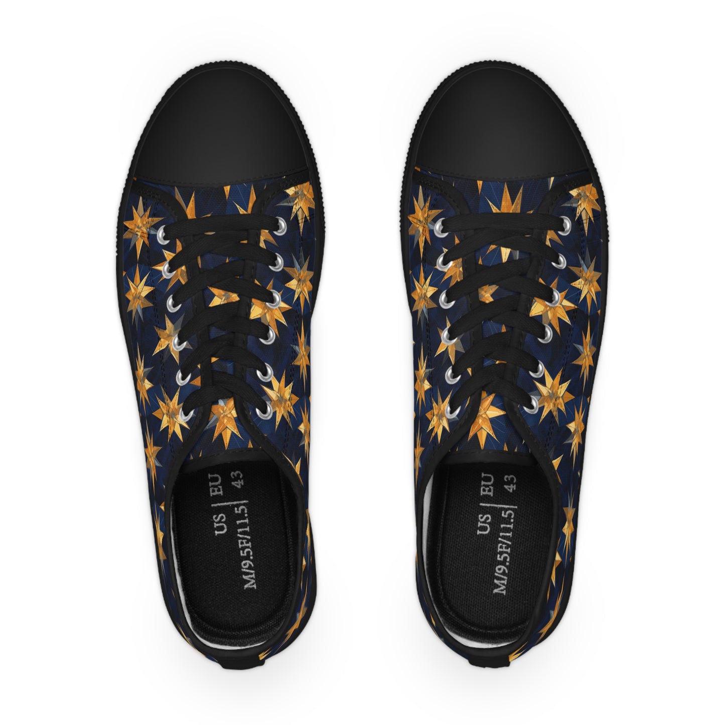 "A kaleidoscopic pattern of geometric star formations radiating from a central point, using a palette of deep sapphire, smoky quartz, and dark citrine hues." - Men's Low Top Sneakers