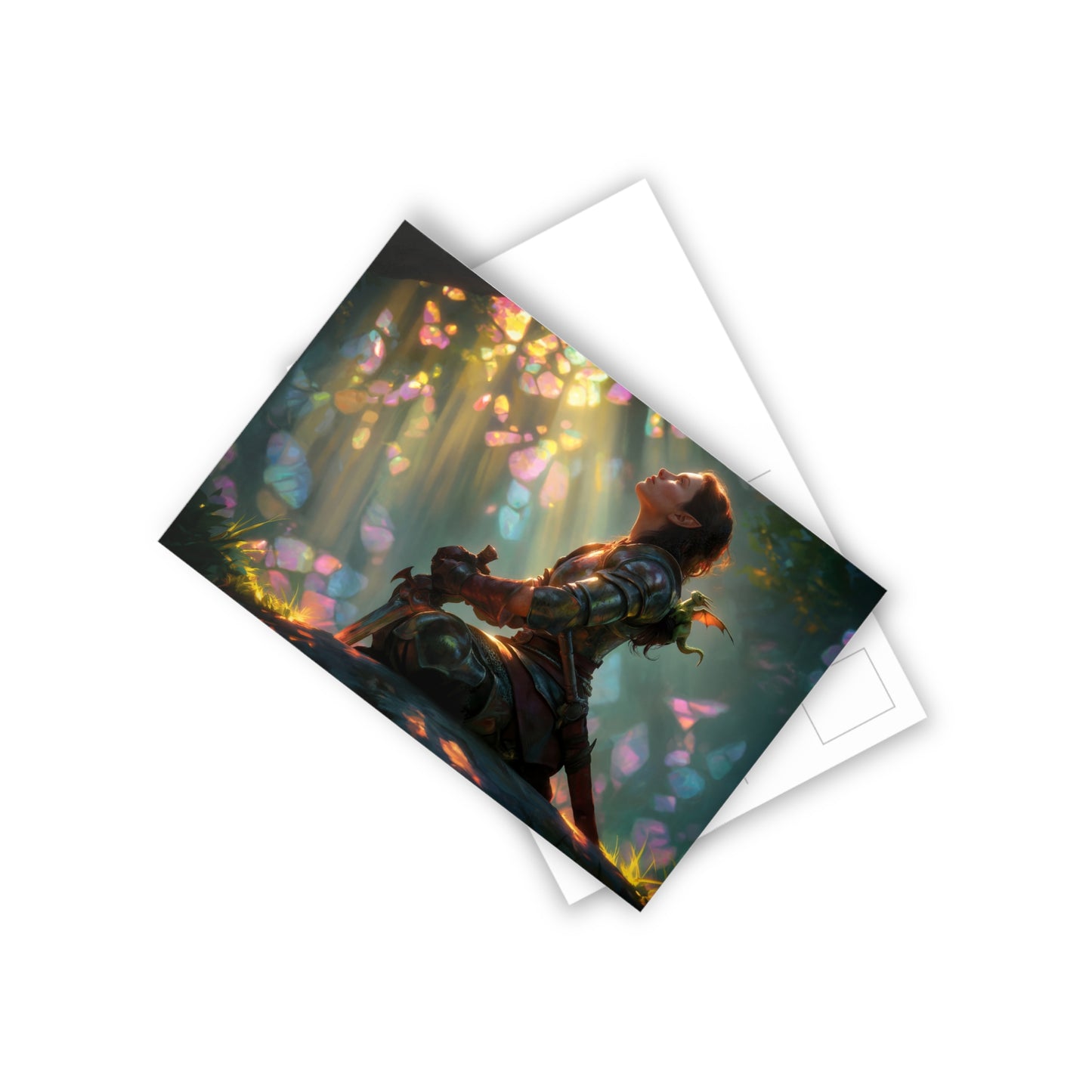Crystal Grove Knight Postcards (10pcs) – Sunlit Armor and Mini Dragon