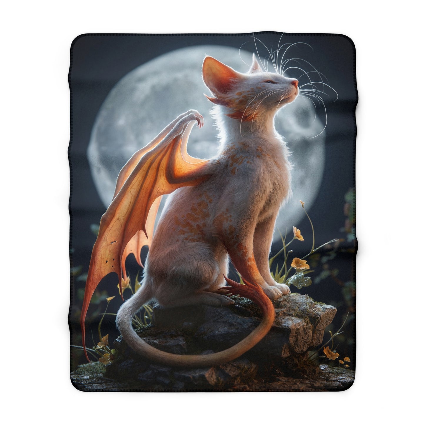 Moonlit Dragon Cat Sherpa Fleece Blanket – Crescent Guardian Dreamscape
