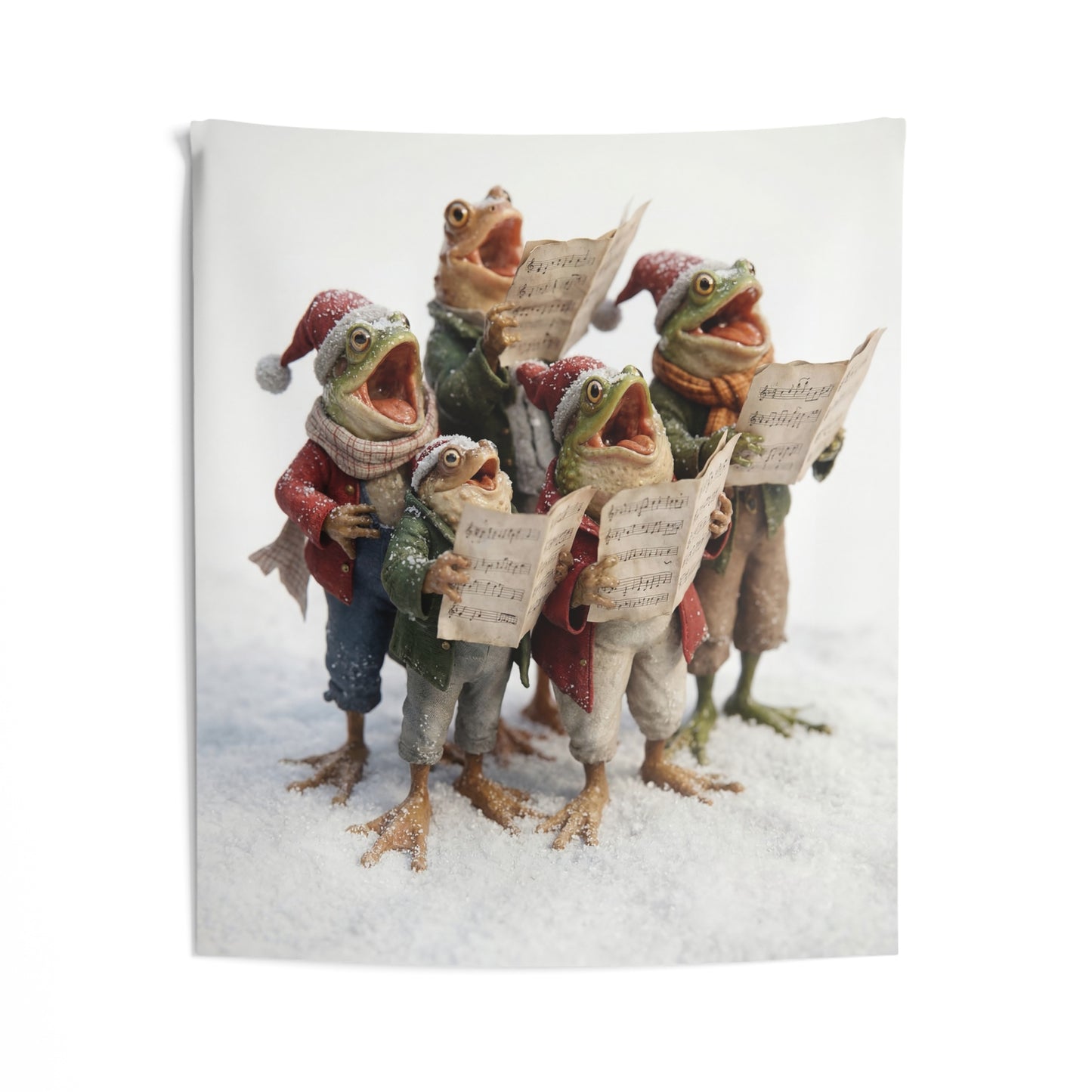 Frogs in Snow Choir Indoor Wall Tapestries – Winter Carolers in Festive Frost