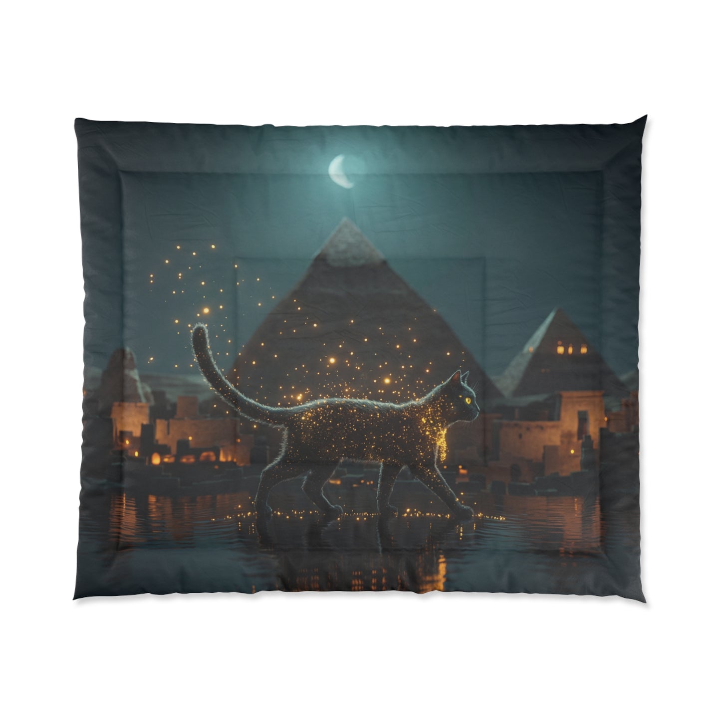 Starlit Cat Comforter – Ancient Egyptian Nightscape with Glowing Feline