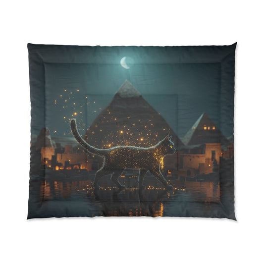 Starlit Cat Comforter – Ancient Egyptian Nightscape with Glowing Feline