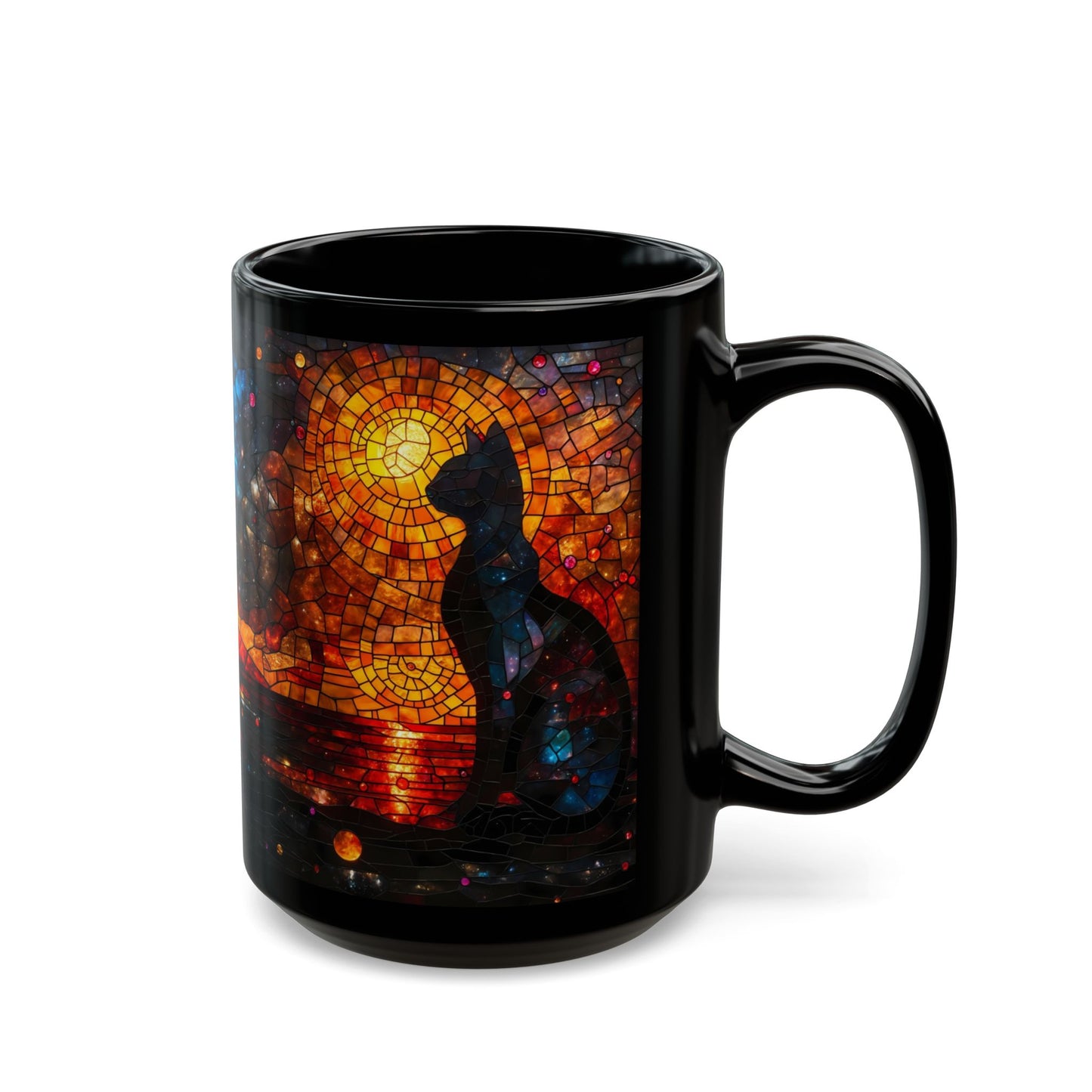 Cosmic Stained Glass Cat Mug – Celestial Guardian at Sunset