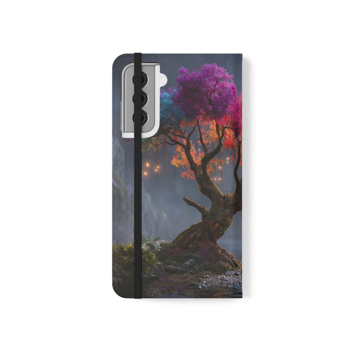 Chromatic Canopy Flip Cases – Rainbow Tree Moonlit Waterfall Scene