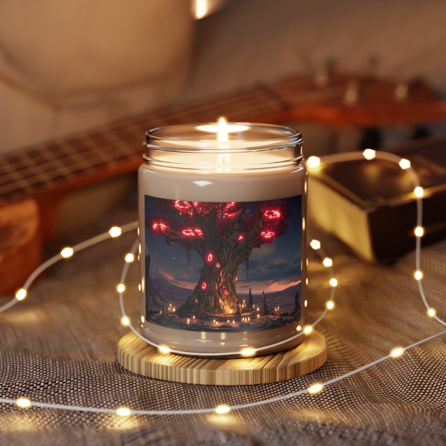 Crimson Oracle Tree Scented Soy Candles with White Lid, 9oz – Ritual Glow Under Starlit Canopy