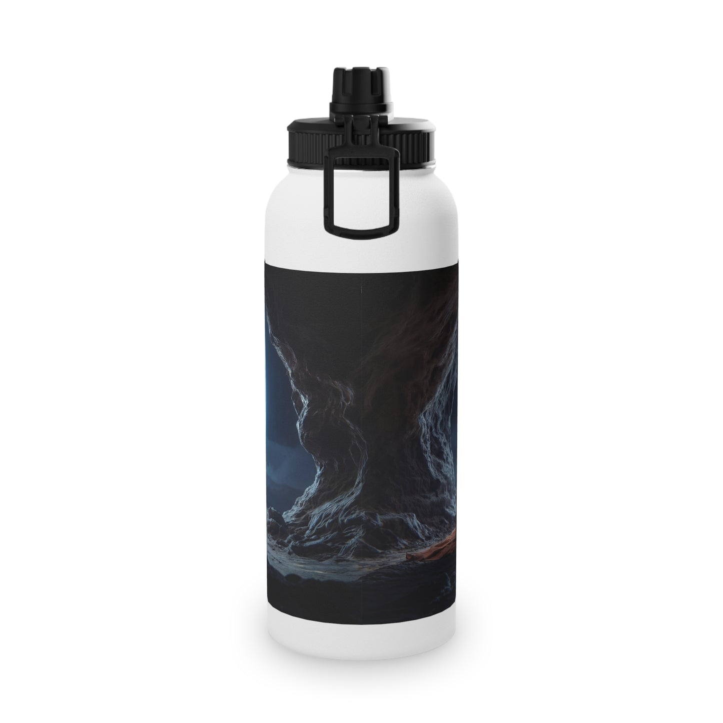 Moonlit Monk Stainless Steel Water Bottle, Sports Lid – Serene Cave Meditation Scene
