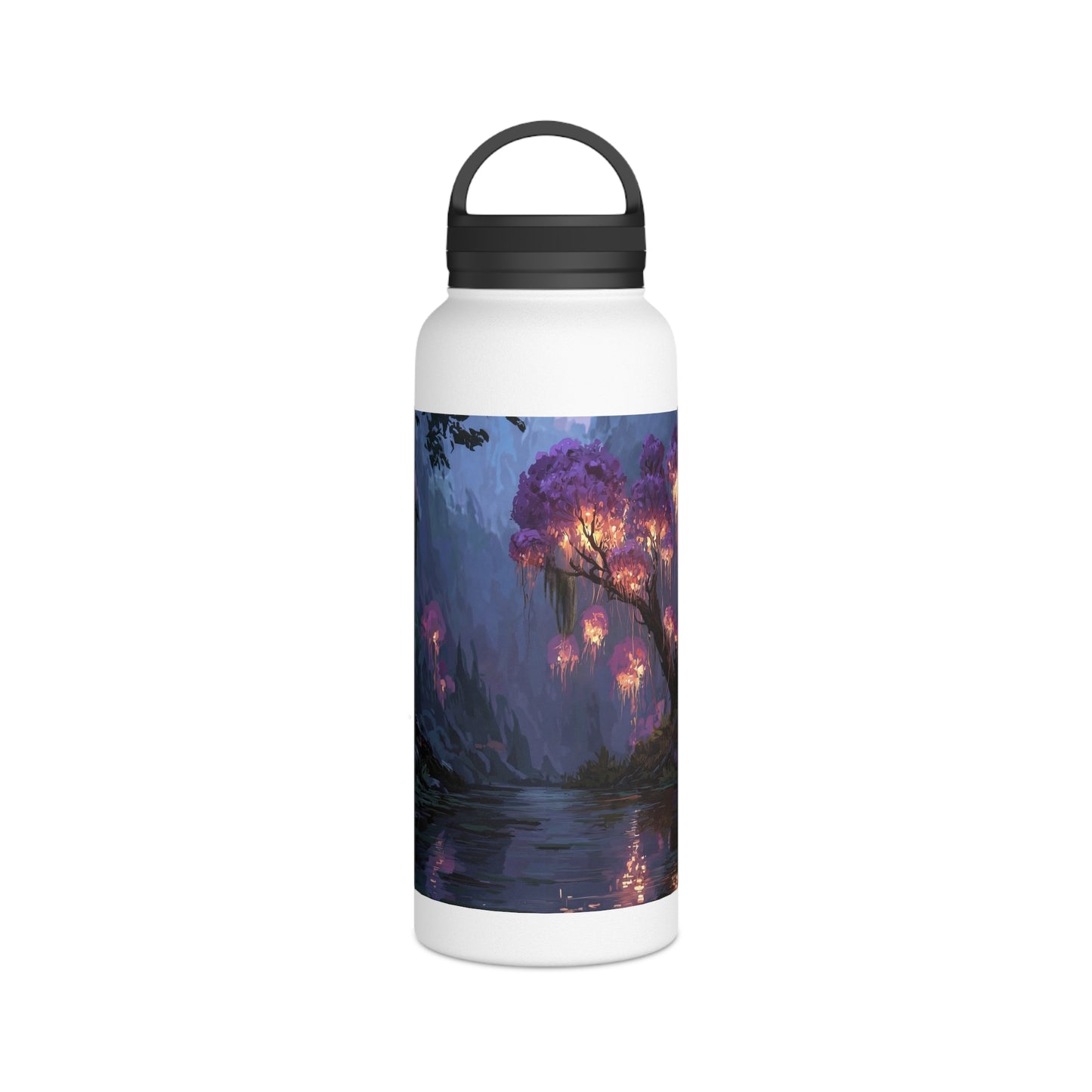 Bioluminescent Grove Stainless Steel Water Bottle, Handle Lid – Twilight’s Whispering Waterscape