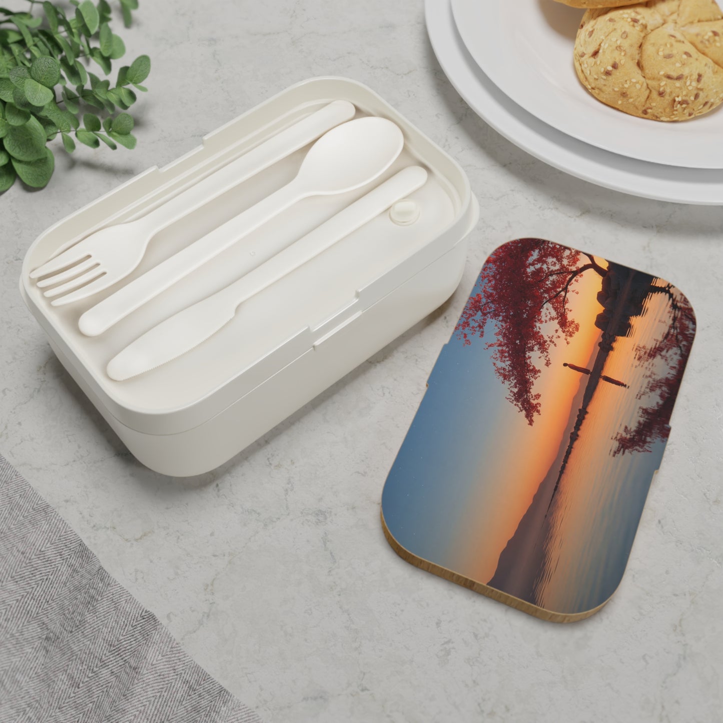 Crimson Cherry Blossom Bento Lunch Box – Twilight Reflections at Lake’s Edge