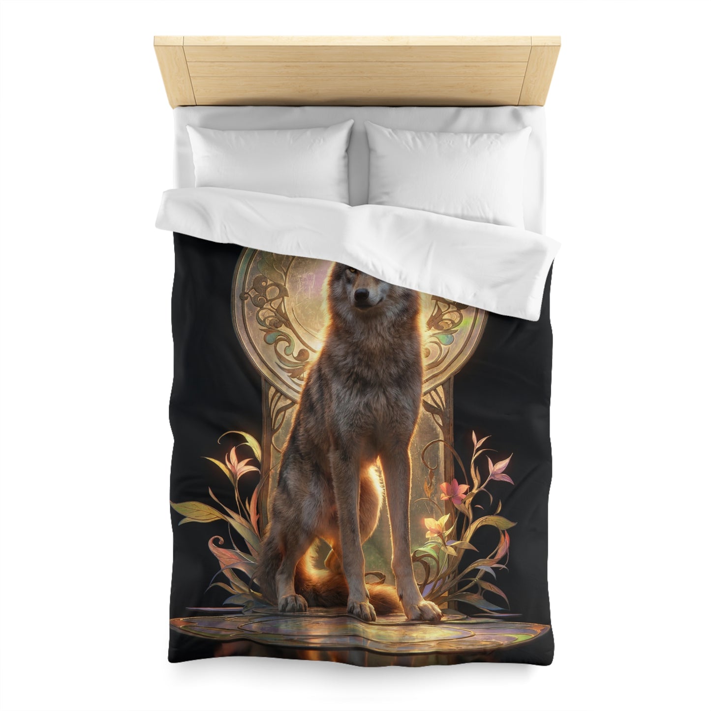 Regal Wolf Throne Duvet Cover – Golden Light Through Art Nouveau Arch