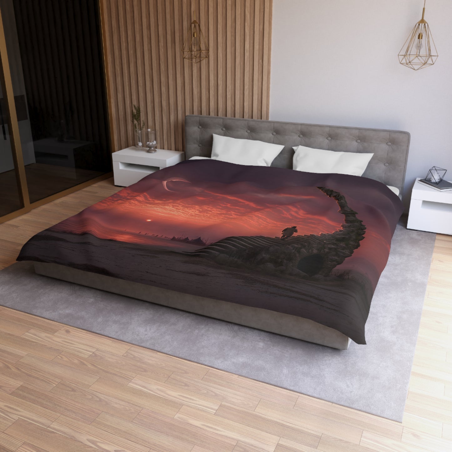 Crimson Horizon Staircase Duvet Cover – Lone Walker at Twilight