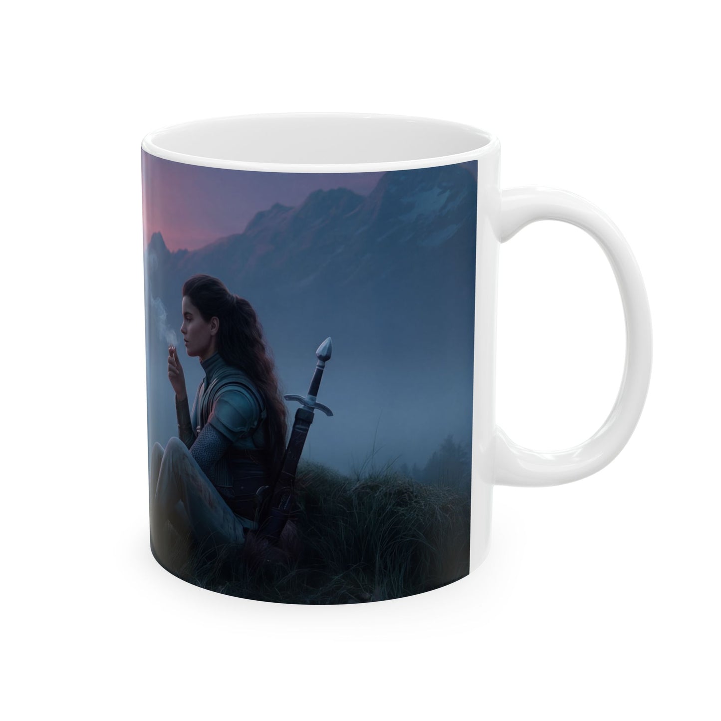 Warrior and Dragon Sunset Mug – Twilight Vigil on the Mountain Ridge